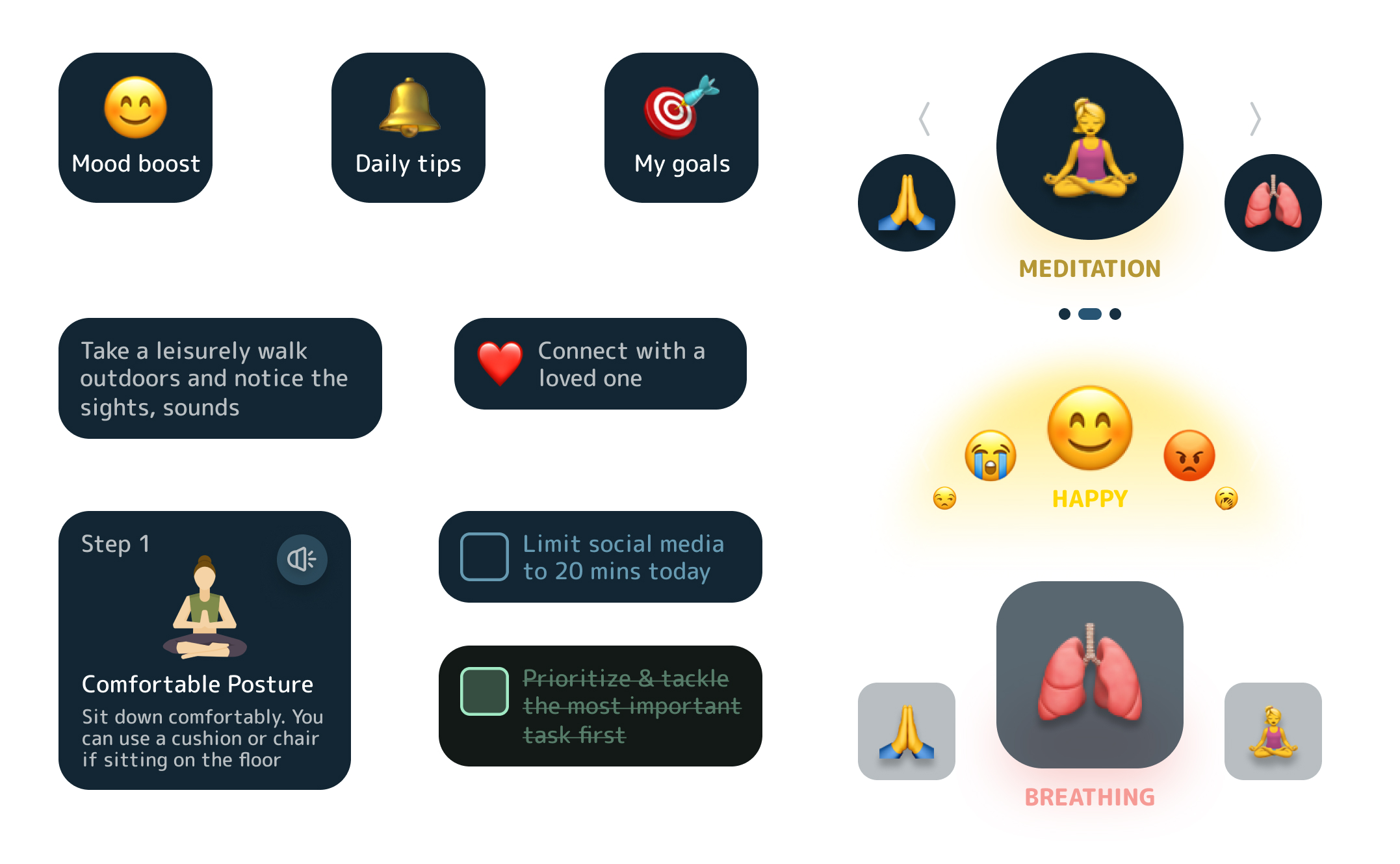 Lists and cards designed for the Mindful Minute app